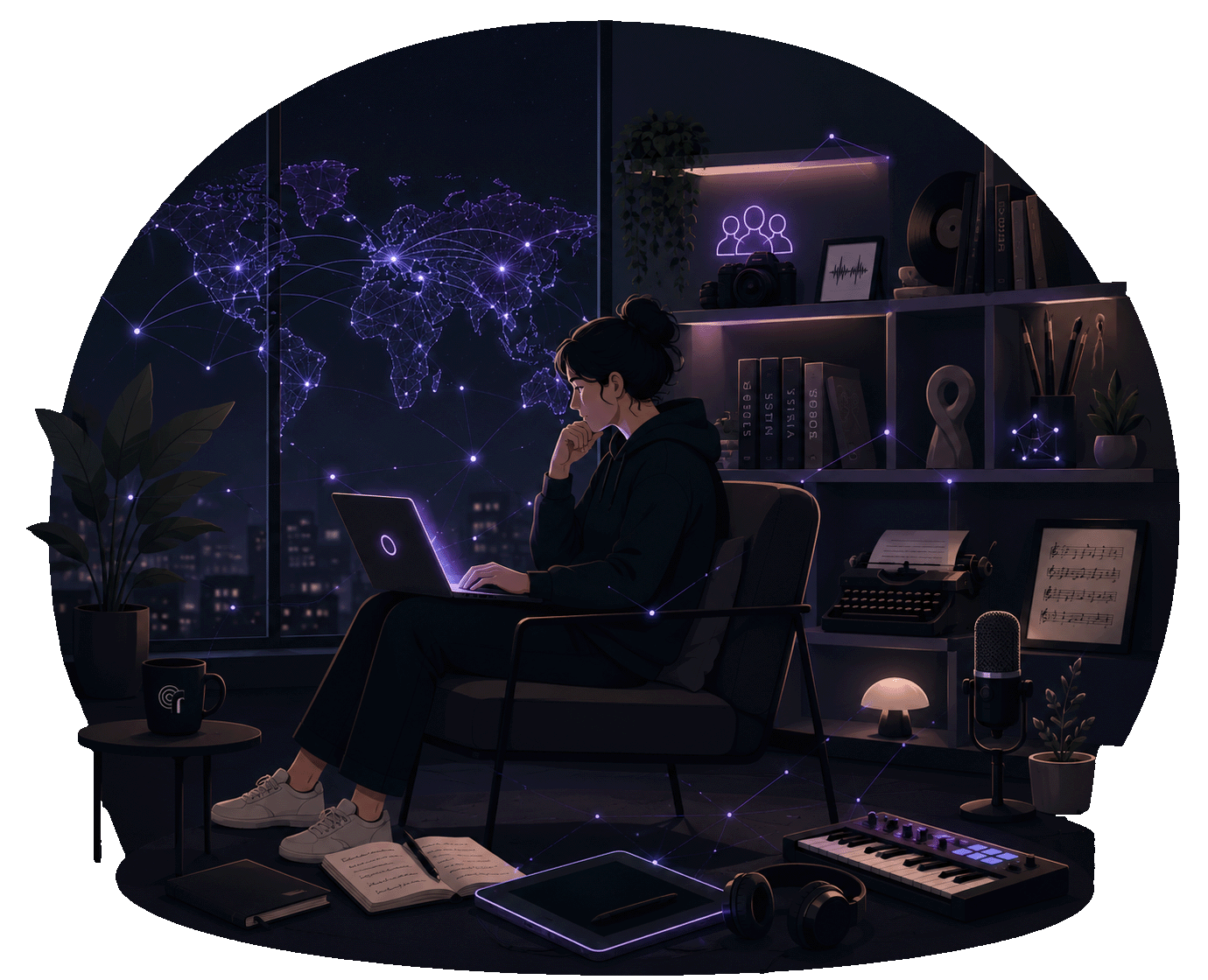 Illustration: Artist at a laptop, a networked world map glowing in the window